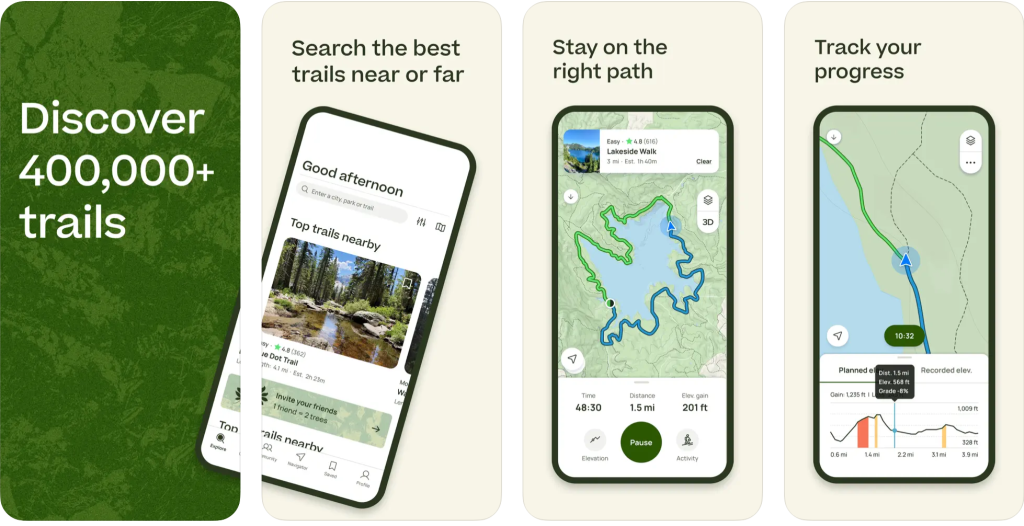 A series of screengrabs illustrating the functionality of the All Trails app.