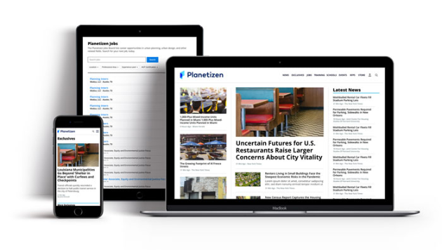 Desktop, tablet, and mobile devices dispaying the Planetizen homepage