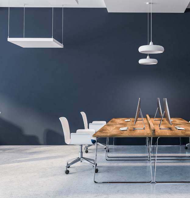 blue office with white chairs and floor