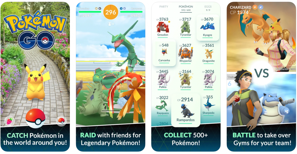 A series of screngrabs showing the gameplay of Pokemon Go.