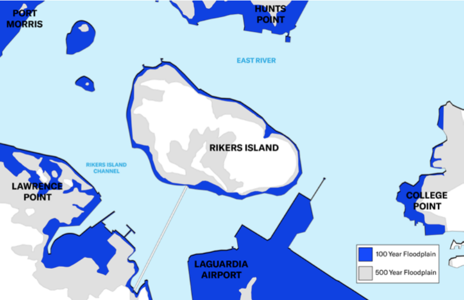 When studying appropriate uses for Rikers Island, the Lippman Commission pointed out most of the island is above the 100-year flood plain, making it an ideal location for critical infrastructure. 