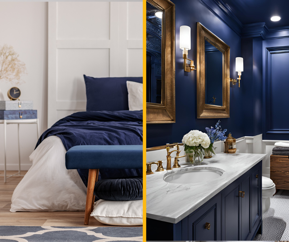 blue and white bed and bathroom inverse color switch