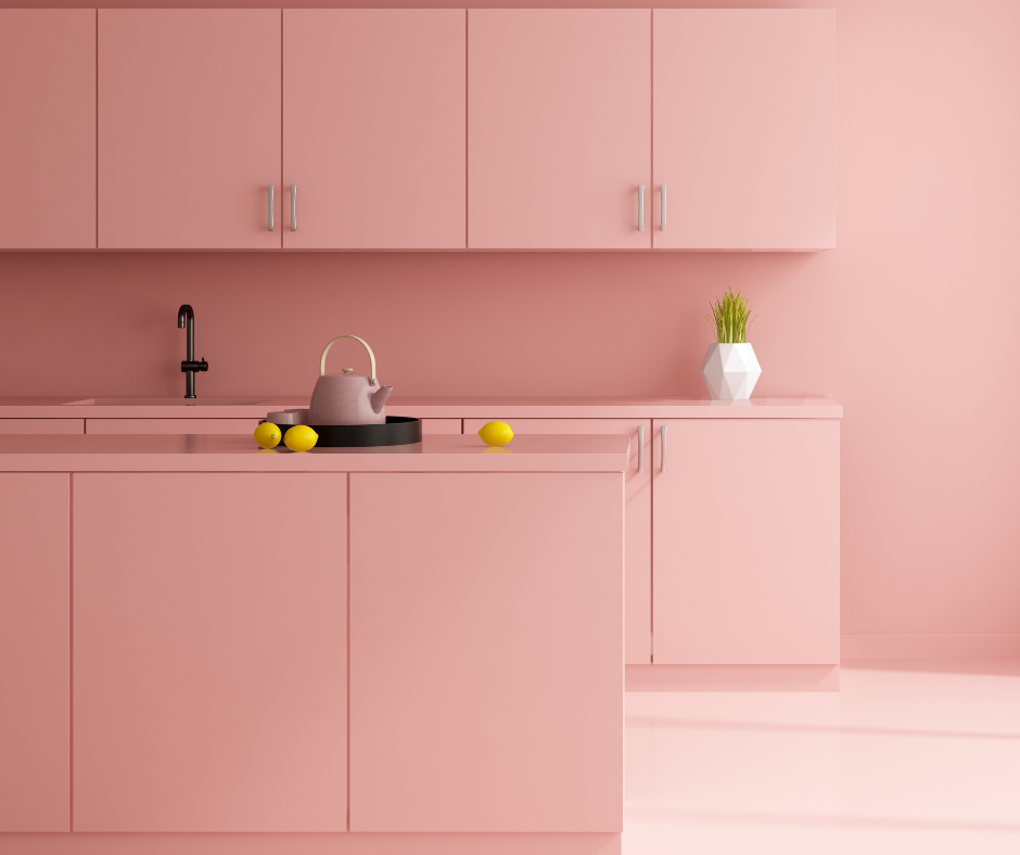 pink color drenched kitchen